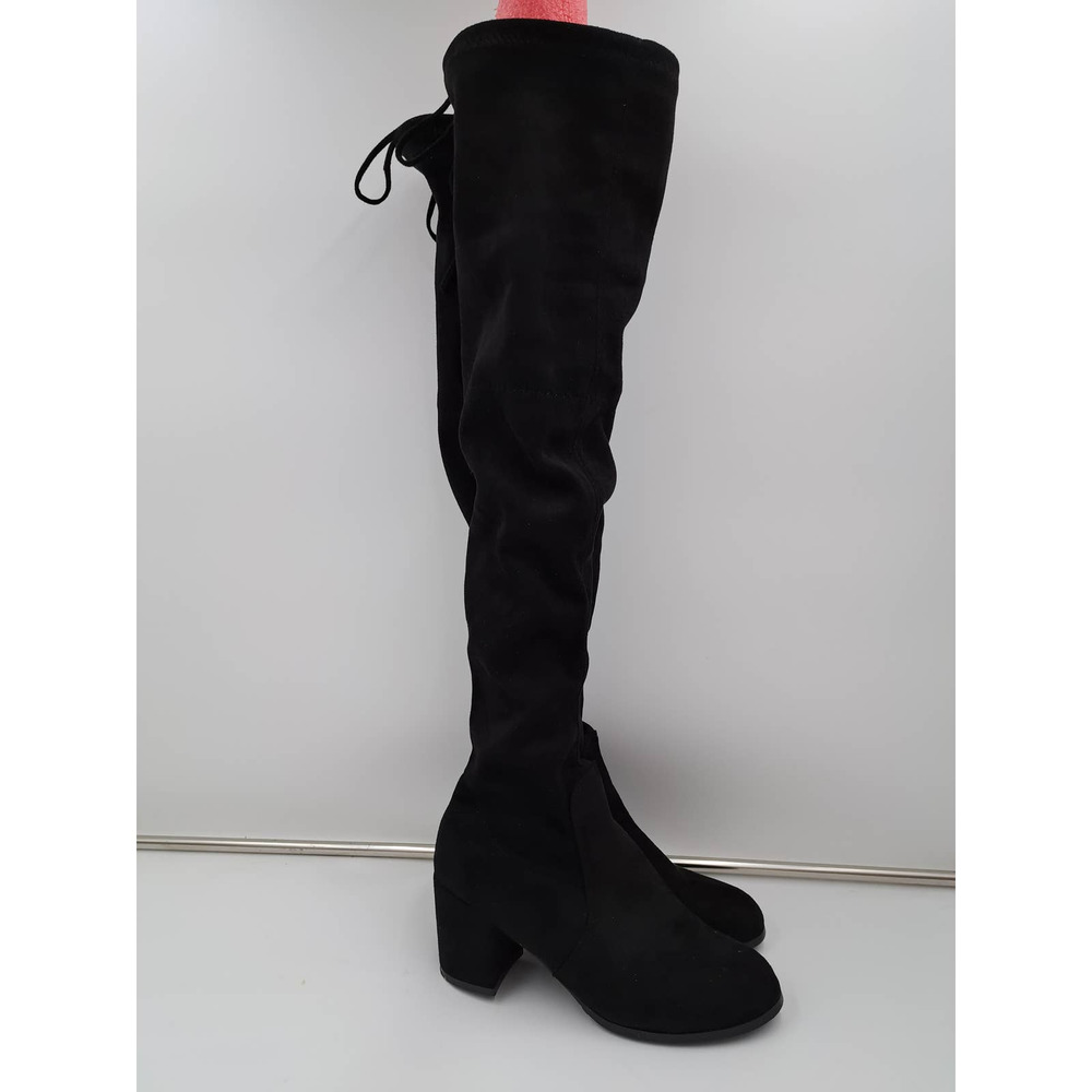 Black suede low heel Thigh High Rubber traction sole Back tie Boots 250 8.5